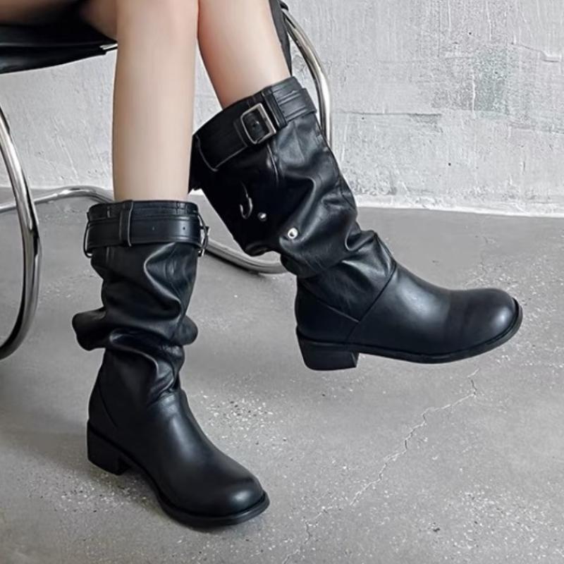 Fashion Women Boots Designer 2025 New Winter Shoes Mid Calf Boots Pleated Elegant Fashion Party Brand Woman Chelsea Goth Botas Mujer