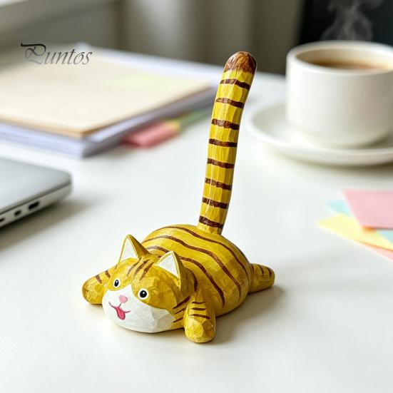 Hand Carved Basswood Stand Wooden Tiger Cat Phone Stand, Desktop Ornament, Cute Unique Healing Ornaments Animal Holder, Handmade Decor, Creative Gift