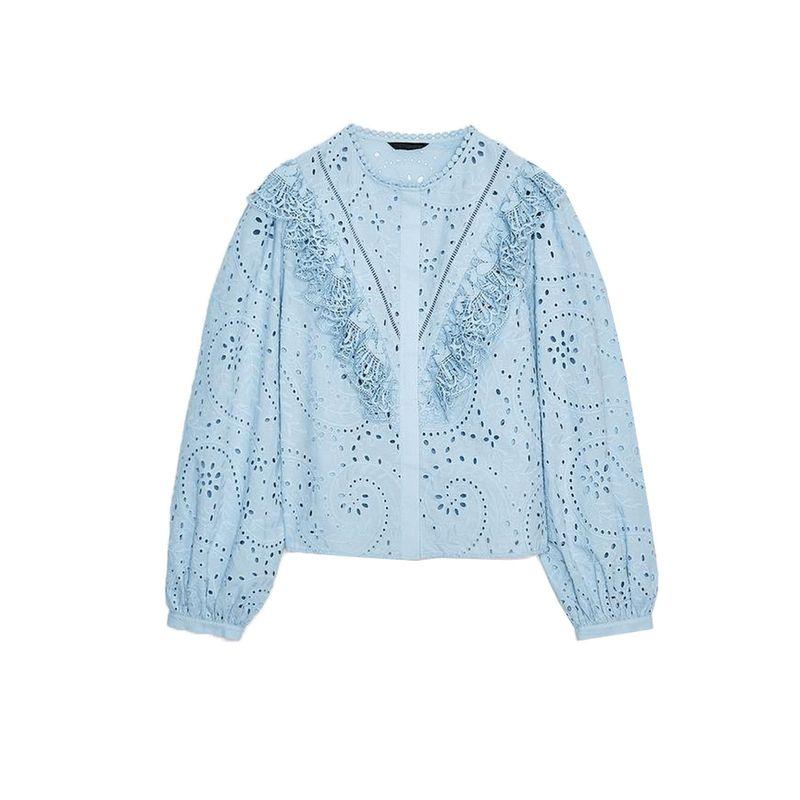 

Fall New Women s Clothing French Style Laminated Decoration Cotton Cut Out Embroidered Crew Neck Long Sleeves Shirt 8741231 Light Blue L