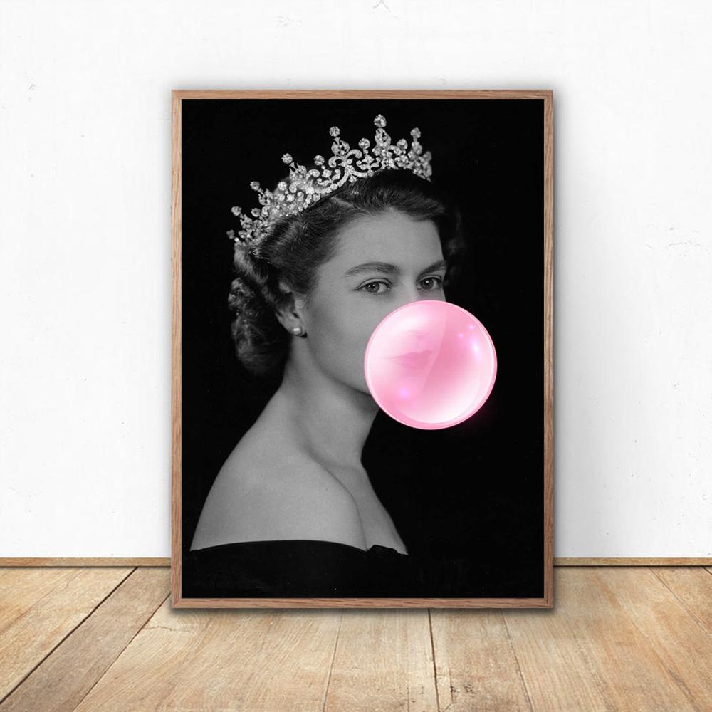 Queen Elizabeth Bubble Gum Poster and Printing Wall Art Wall Art British Royal Canvas Painting Wall Family