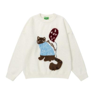 Przytulny Oversize Sweter Dzianinowy z Jacquardem Kot Balon Ciepły Puszysty Mieszanka Nylonu Mężczyźni Kobiety Zimowy Casual