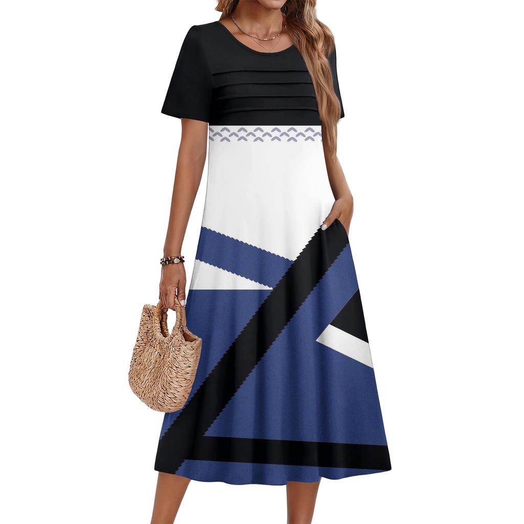 Ladies' Floral Printed Casual And Fashionable Short Sleeved Round Neck Dress