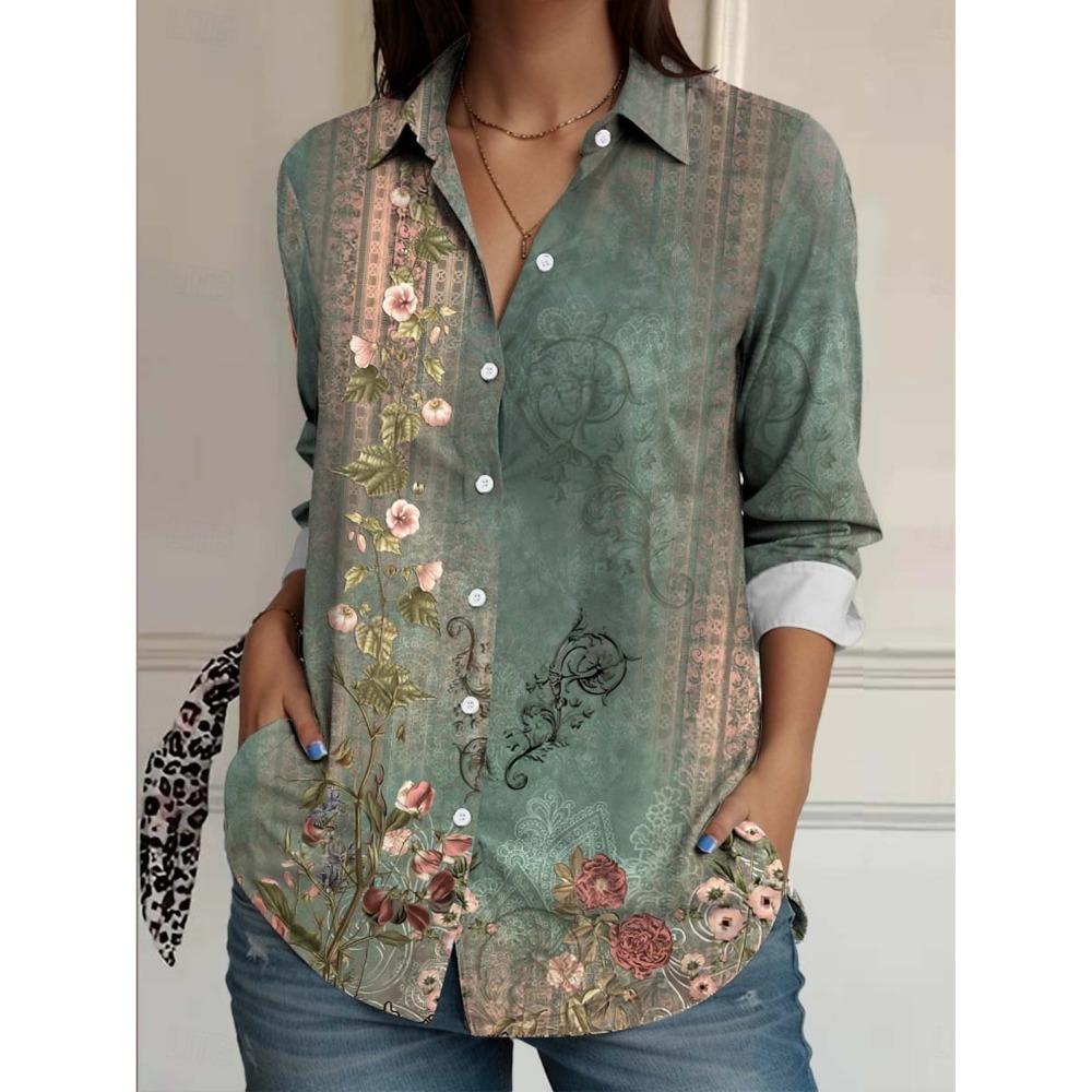 Fashion Women's Casual 3D Flower Prints Blouse Lapel Neck Blouse Women Long Sleeve Shirts Casual Womens Clothing Female Clothing
