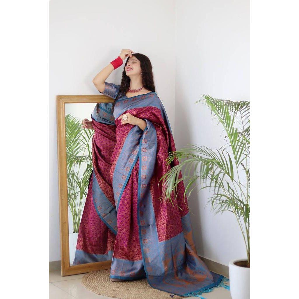 Silk Saree from the ALMAARI Store Is Adorned with Beautiful Sari Work In Form of Traditional Motifs