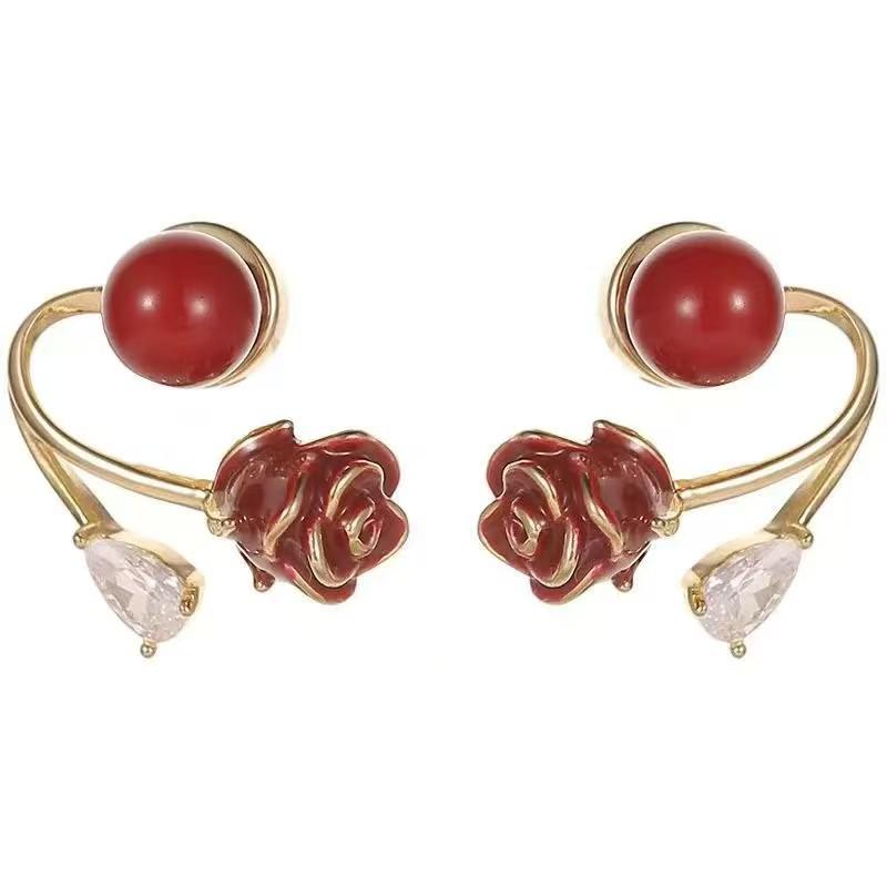 Guochao Fashionable Rose Bow Earrings, Two-Way Wear, Elegant Niche Ear Jewelry for Women