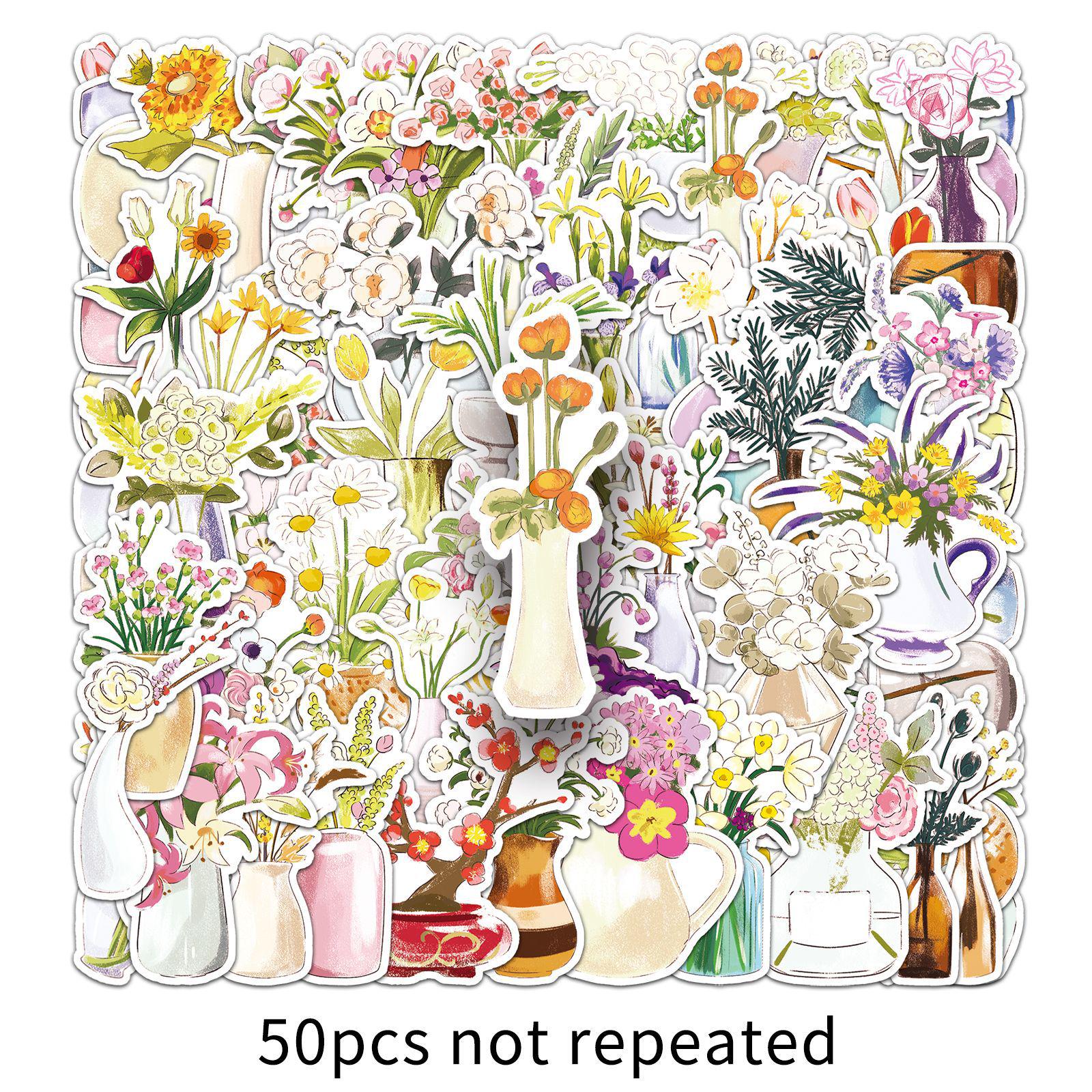 50 Hand-Painted Vase and Flower Stickers for Refrigerator or Diary