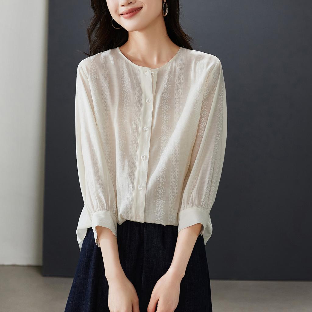 French Round Neck Seven Quarter Sleeved Shirt for Women, 2026 Spring Fashion, Loose and Versatile Commuting Shirt
