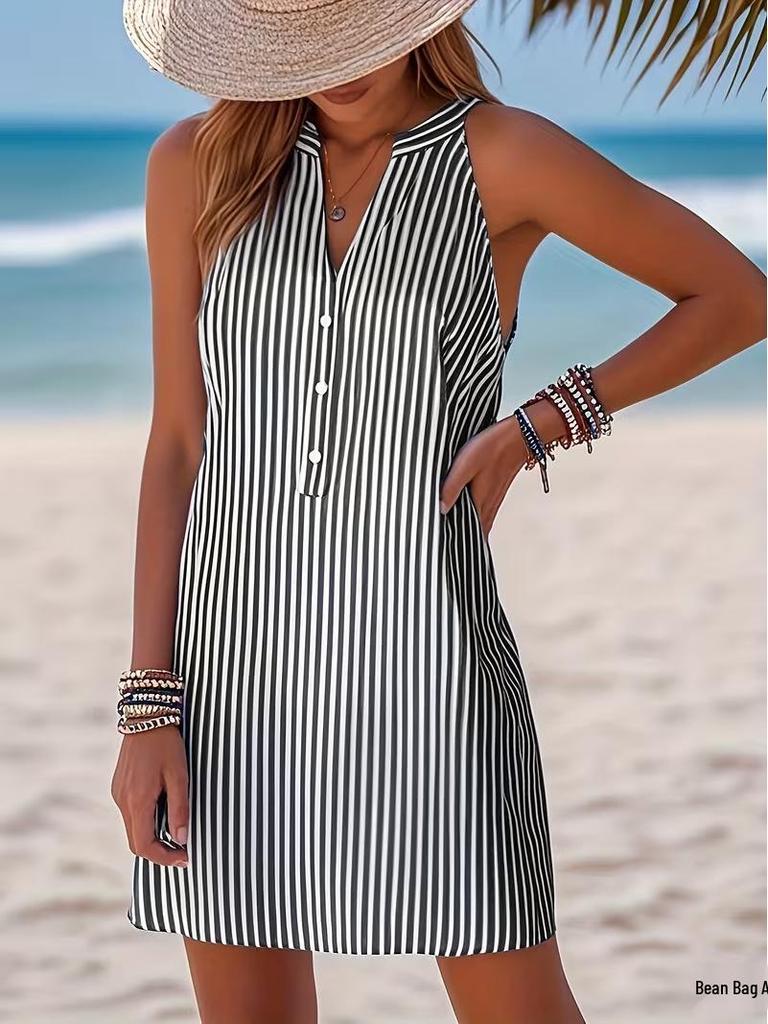 European-American Women's Sleeveless V-neck Button-Striped Loose Casual Beach Shirt