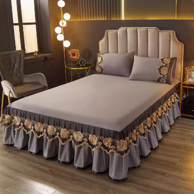 

Новый пыленепроницаемый кружевной подзор для кровати из трех предметов, комплект из бытовых нескользящих и красивых простыней, цельное покрывало в пасторальном стиле 200x220cm 3pcs