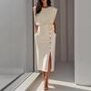 2026 Women's Solid Color Sleeveless Button-Up Long Dress with Slit