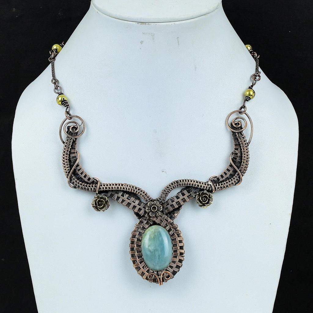 Aquamarine Necklace Handmade Jewelry, 999 Copper Wire Wrapped Necklace Designer Gemstone Jewelry Adjustable Chain Necklace Gift For Mom