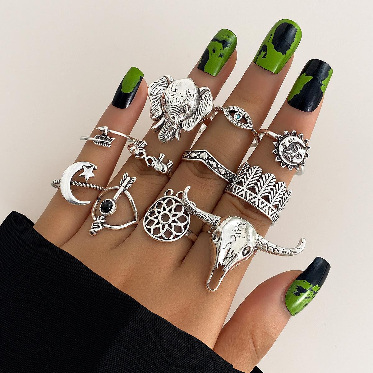 11Pcs/Set Silver Color Gothic Ring Set Bull Head Elephant Head Heart Eye Trendy Mix And Match For Daily Outfits Accessories