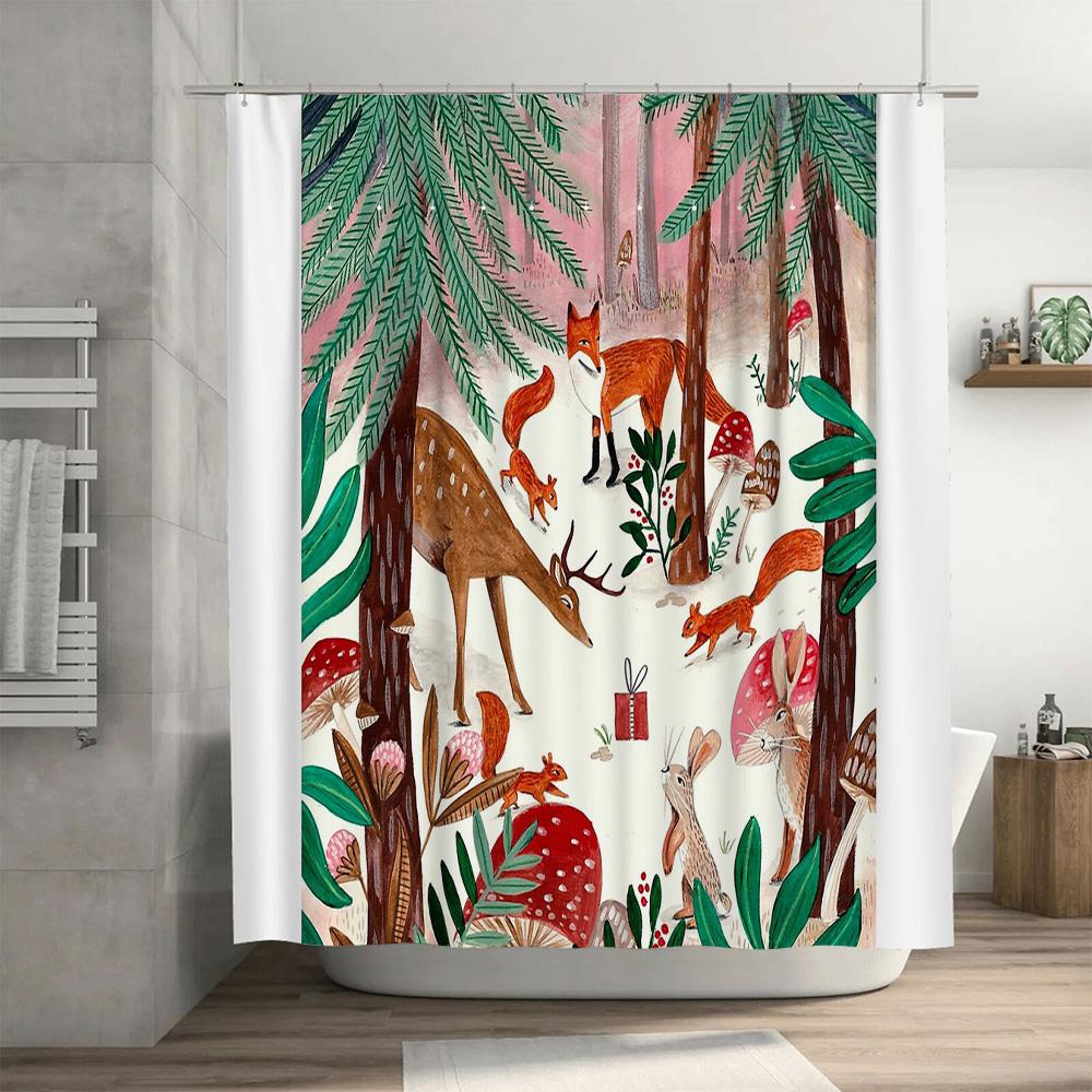 Forest Animals Shower Curtain Woodland Deer Fox Rabbit Nature Bathroom Decor Vintage Rustic Home Decor Farmhouse Style Backdrop