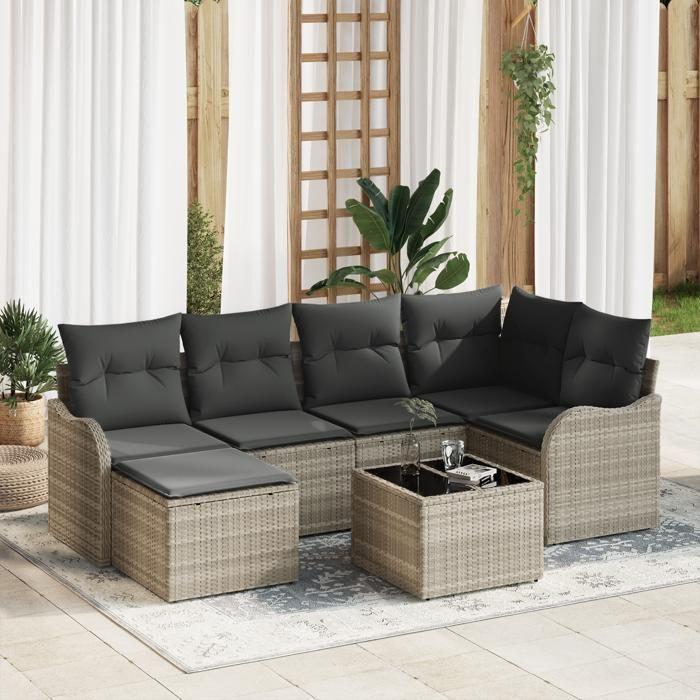 Ensemble de canapés de jardin de 7 pièces avec coussins gris poly rattan, Canapé de jardin 2 places avec coussins gris clair 3345782