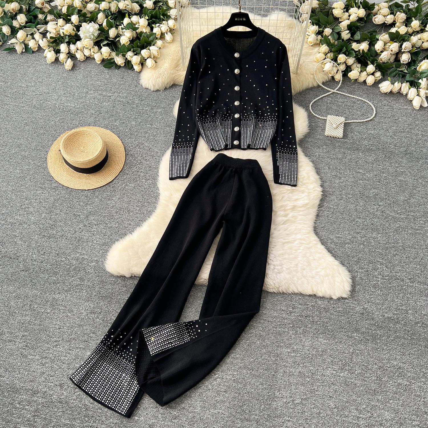 

Осень-зима Женский роскошный вязаный свитер с ромбами, спортивный костюм, однобортное пальто, куртка и широкие брюки, комплект из двух предметов One Size чёрный