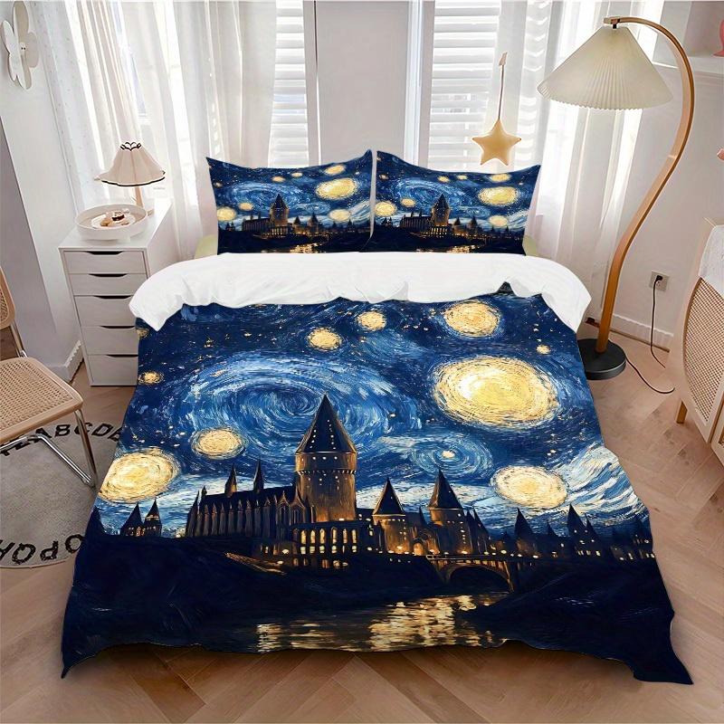 3Pcs Hogwarts Castle Printed Bedding Set, Breathable And Soft, Machine Washable, Christmas Gift, Suitable for Bedroom Decoration, 15188