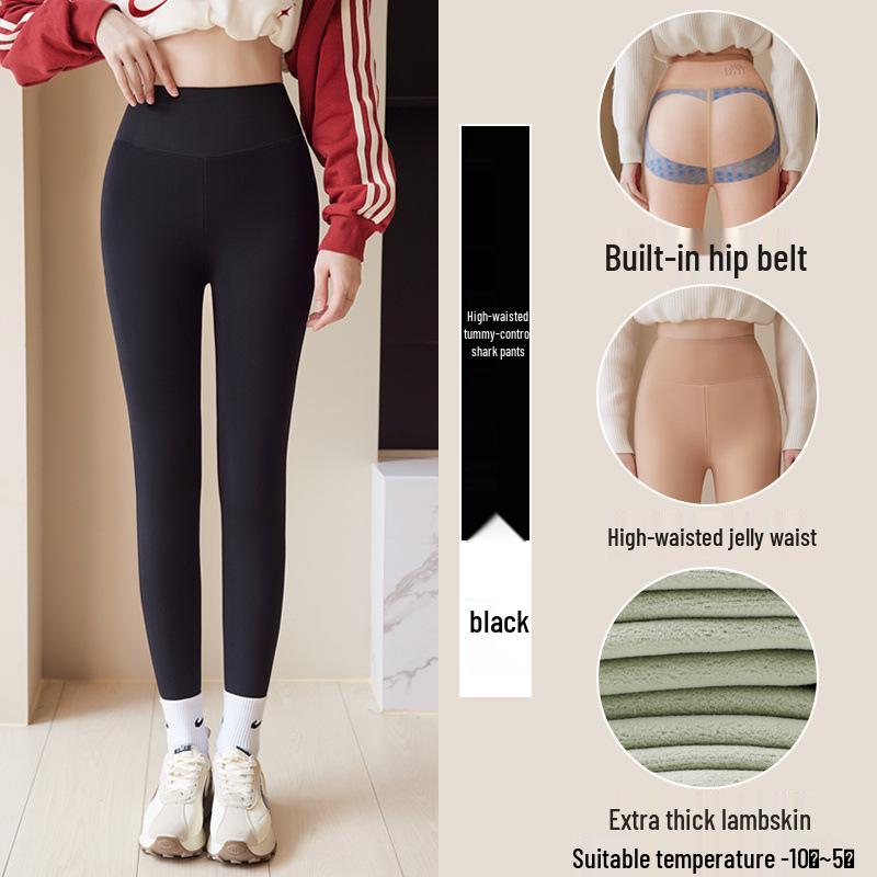 Flesh-Colored Butt-Lifting Glossy Shark Pants - Women's Autumn/Winter Velvet Nine-Point Leggings