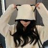 1Pieces Bucket Hat Cute Cat Ear Wool Autumn And Winter Warm Chic Knitted Hat For Women Mountaineering Scarf
