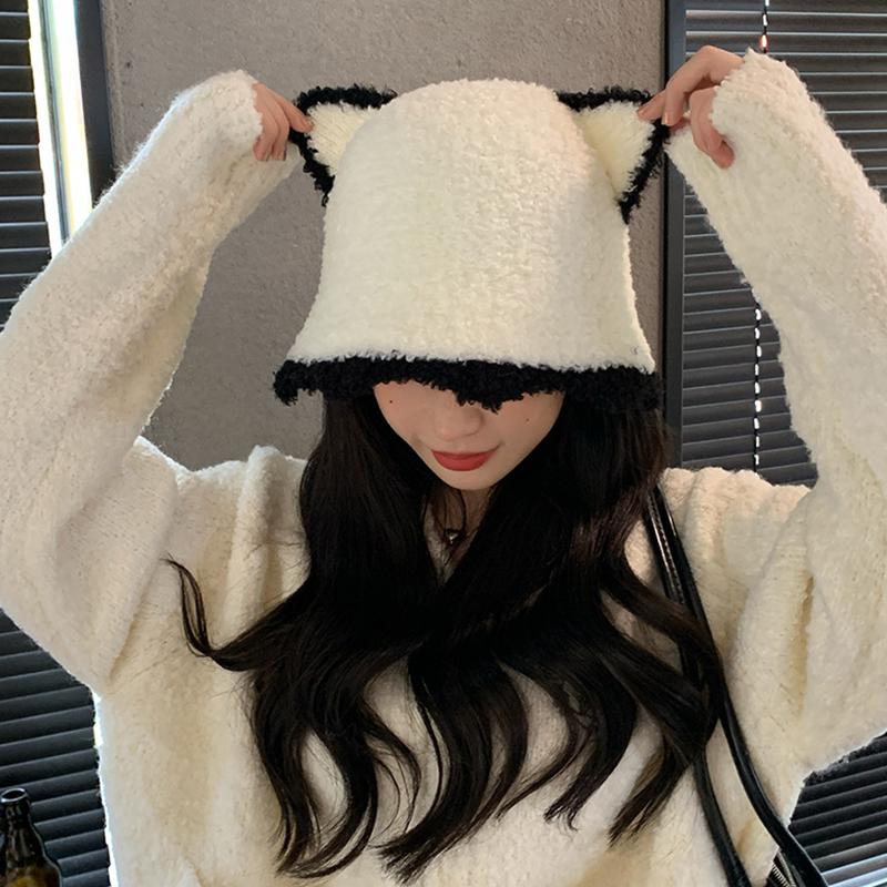 1Pieces Bucket Hat Cute Cat Ear Wool Autumn And Winter Warm Chic Knitted Hat For Women Mountaineering Scarf