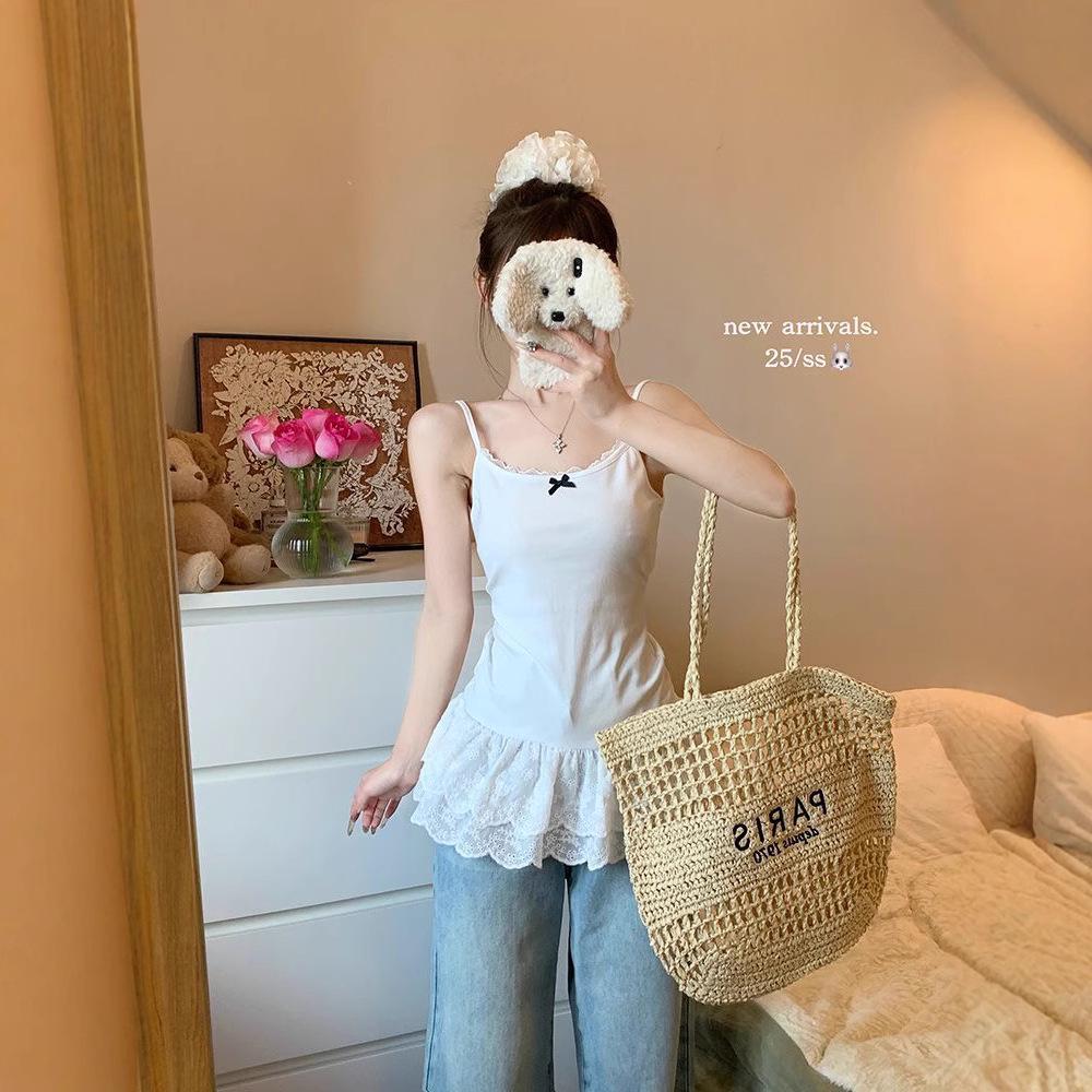 Women's White Bow Strap Layered Tank Top with Lace Trim - Spring/Summer 2025 Collection