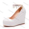 Fashion 11cm White Round Head Wedges Platform Shoes Women Tassel Flowing High Heel Shoes Plus Size 42 for Wedding Party Chaussure Femme