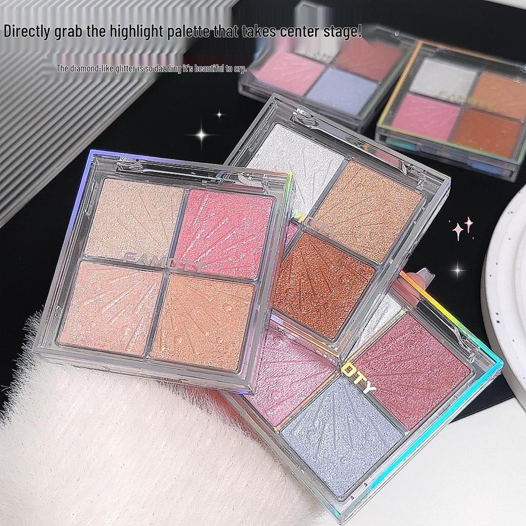 FAMOTY 4-Color Super Sparkle Highlighter Palette: Crystal Clear Glitter for Contouring & Under-Eye Brightening.