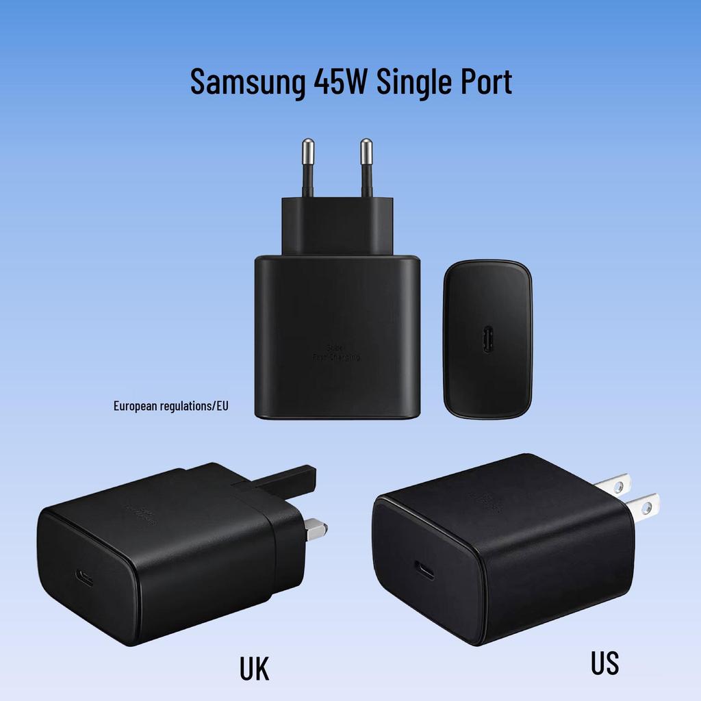 25W Super Fast Charger Set for Samsung Phones – PD 45W Charging Head with Cable, US/EU/China Plug Options.