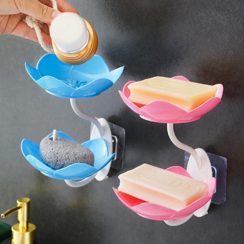 Doppelschichtige Lotusförmige Wandmontierte Seifenschale mit Starkem Kleber Selbstentwässerndes Design Kein Bohren Erforderlich für Badezimmer Dusche Küche