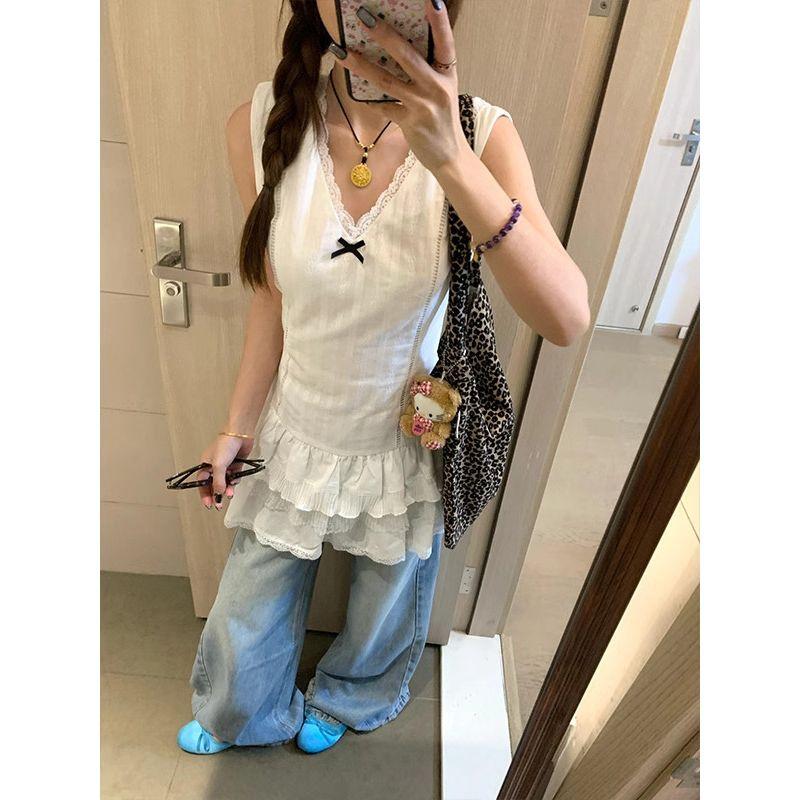Plus-Size French Lace Trim Camisole Top for Women, Summer New Style, Loose Fit, Slimming Sleeveless Short Dress