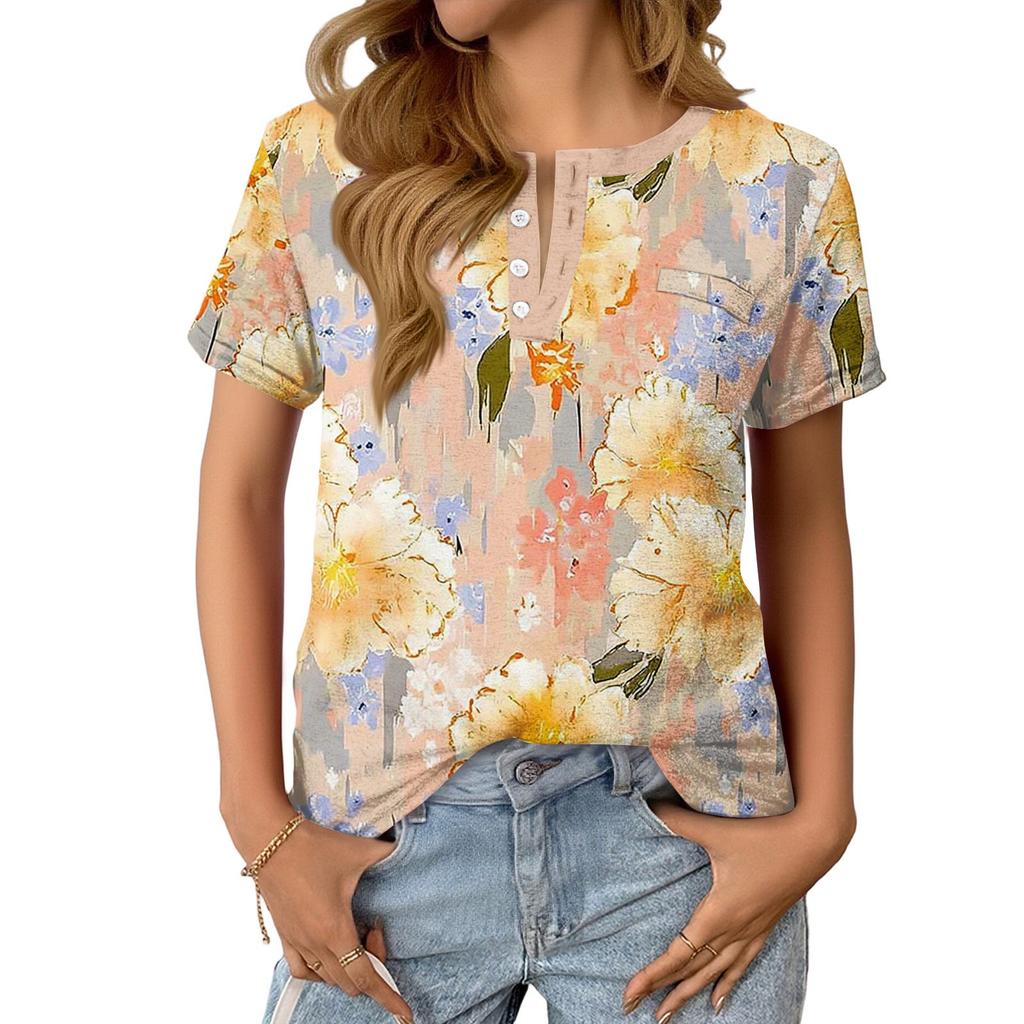 Women's Fashionable Casual Summer Floral Print V-neck Button Short-sleeved Top