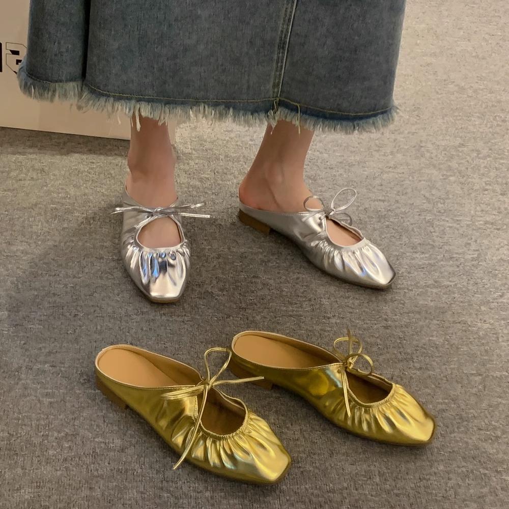 French retro silver baotou half slippers women's summer sandals 2025 gold soft flat bottom Muller soft bottom women's models