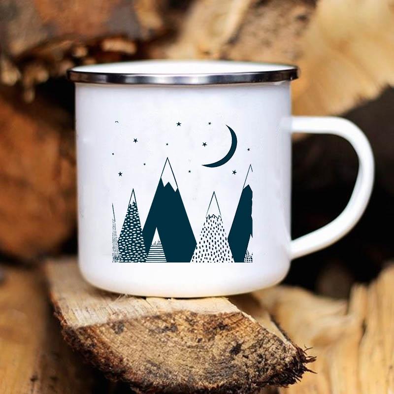 

Кемпинговая чашка для кофе с рисунком луны, звезды, горы, эмалированная кружка, креативные чашки для кофе, воды, молока, кружка из нержавеющей стали, пивные кружки. 360ml