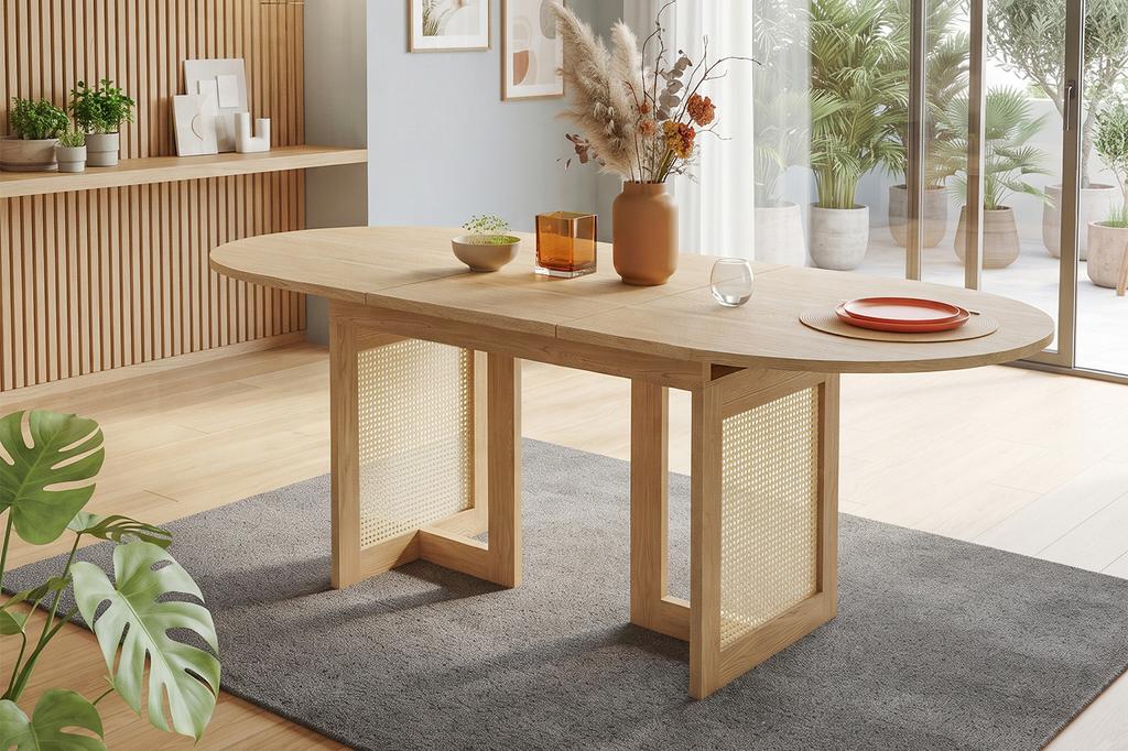 Extendable Dining Table 120/160 * 80 cm, suitable for 6–8 people, rounded corners, thickened tabletop, simple style, rattan table legs, oak color