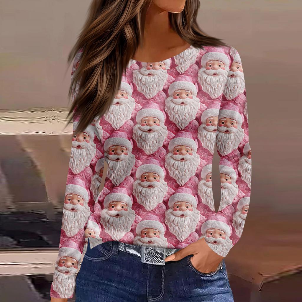 Women's Fashion Hem Slit Casual Christmas Printed Round Neck Long Sleeve Top