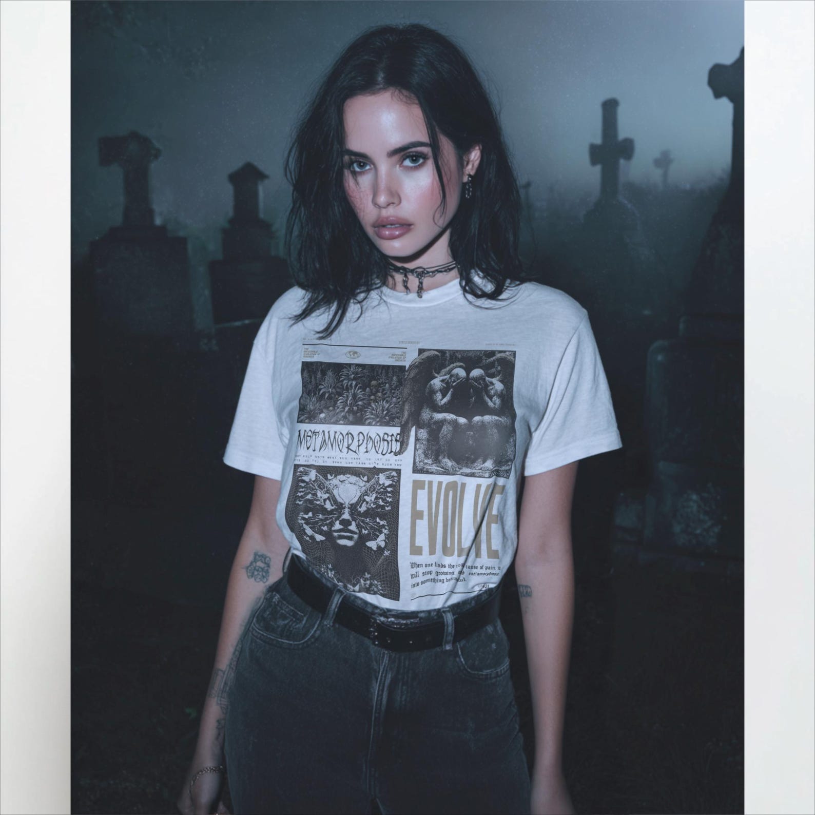 Gothic Metamorphosis Tee: Brutalist Angel, Plant & Butterfly Graphic 2XL