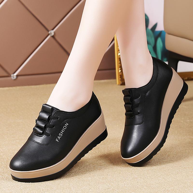 Women Square Toe Thick Soled Shoes with Lace Up Leather Solid Color Crawling Shoes Women Derby Shoes Fashionable Big Size 43