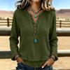 Women's Color Casual V-Neck Long Sleeve Cotton Linen Top