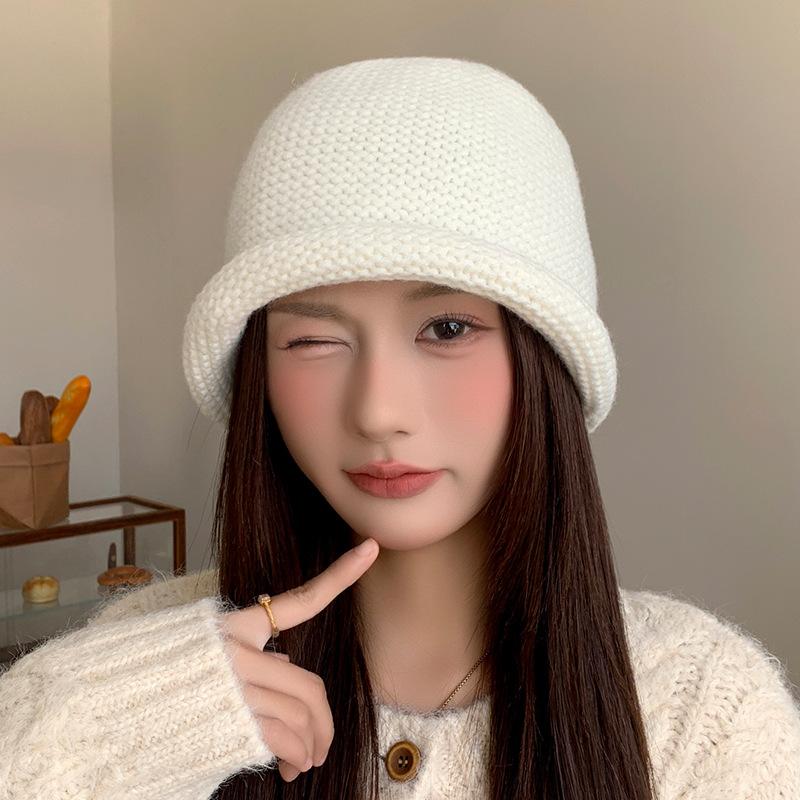 Korean style Chunky Knitted Fisherman's Hat Women's Autumn and Winter Warm Ear Protecting Woolen Hat Big Head Scarf To Show Off Face Small Basin Hat