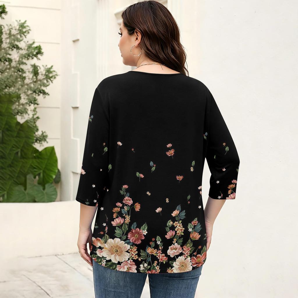 Women's Plus Size Floral Print 3/4 Sleeve Casual Top, Fashionable Loose Fit Blouse for Everyday Wear and ,