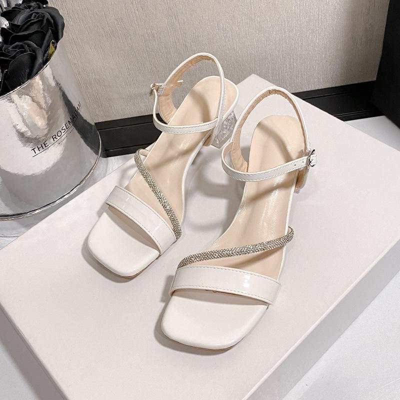

Новые сандалии толстый каблук летние женские 2025 сандалии модные универсальные высокие каблуки высокие каблуки ремешок с пряжкой на одном слове 40 белый