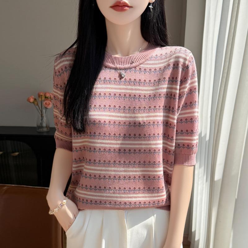 French Contrasting Flower Stripe Crew Neck Short Sleeve T-Shirt Women's Thin Loose Lyocell Tencel Knitted Sweater Top