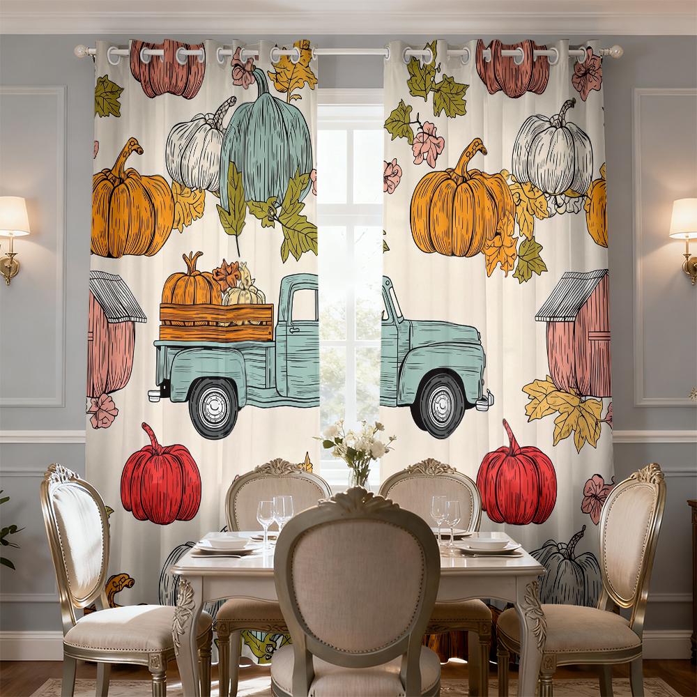 2pcs Vintage Truck Pumpkin Maple Leaf Print Double-sided Curtains for Living Room and Bedroom Light Blocking