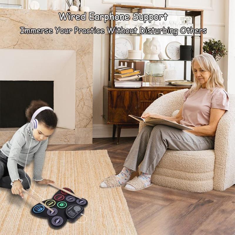 Elektronische Schlagzeugsets 9 Pads Rollbares Übungsschlagzeug mit eingebautem Lautsprecher Kopfhörer-USB-Anschluss für Kinder, Erwachsene, Anfänger