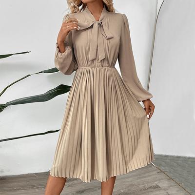 2025 neues lässiges Frühlings- und Herbstkleid für Pendler mit Schleifenkragen, Puffärmeln, einfarbig und Falten