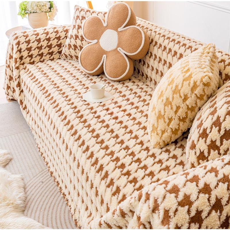 New Winter Lamb Velvet Sofa Cover Cloth Houndstooth Sofa Towel Full Cover Light Luxury Backrest Sofa Cover
