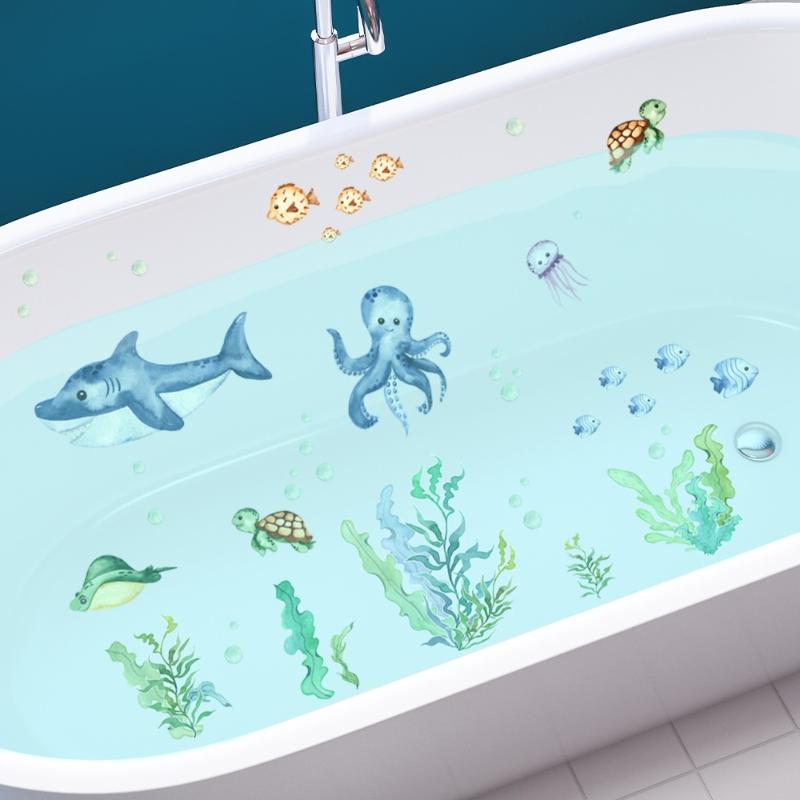 6Pcs/Set Bathtub Decoration Anti-Slip Bathtub Stickers Cartoon Coral Crab Small Fish Pattern Stickers Bathroom Pvc Frosted Batht