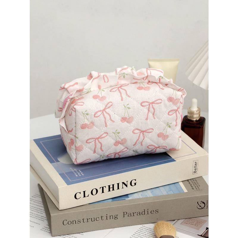 Ruffled Edge Bowknot Floral Print Makeup Bag Large Capacity Quilting Pen Bag Women Cosmetic Storage Bag Travel Wash Bags Clutch