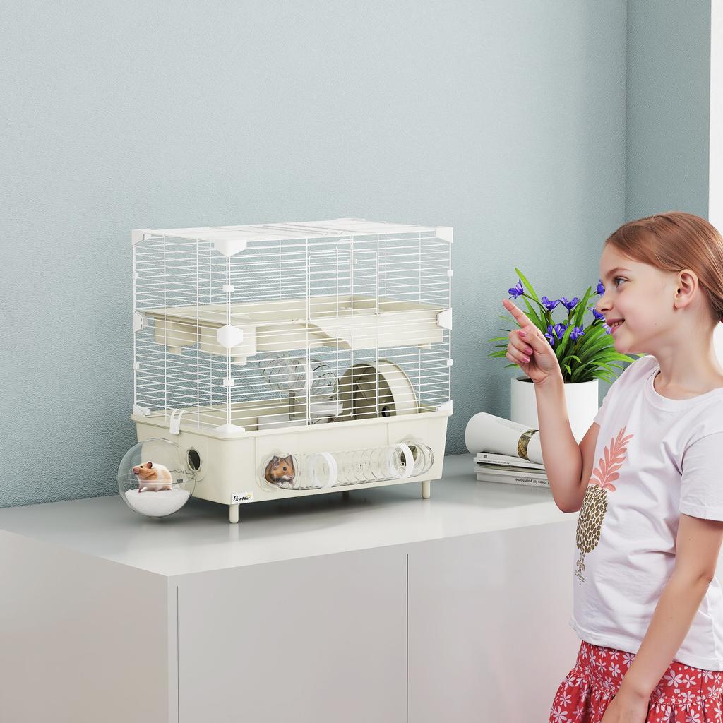 2 -Tier Hamster Cage with 3 Doors, Wheels, Bedding and Play Tubes, Steel, PS and PP Pet Cage, 44.5x28x44 cm, Cream and White