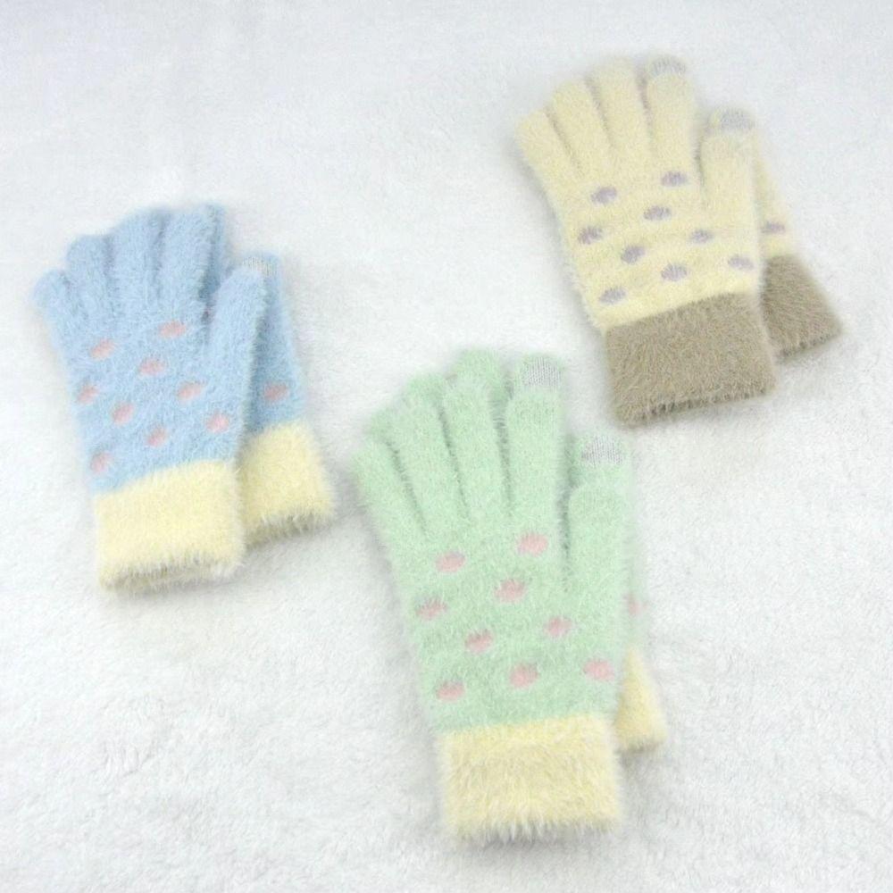 Touchscreen Five-Finger Gloves Polka Dot Warm Gloves Sweet Knitted Gloves Winter