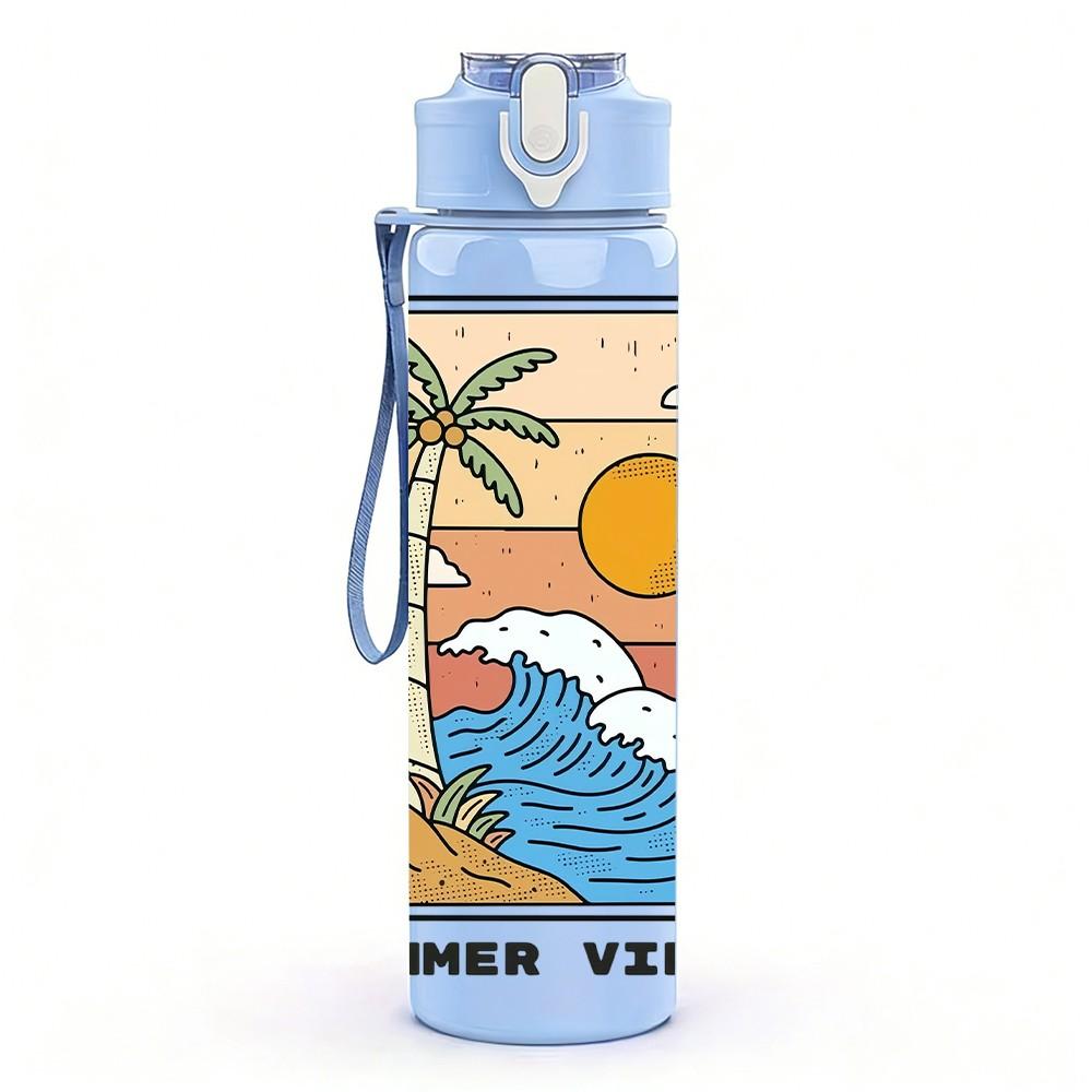 1PC Summer Sunset Beach Wave Vintage Poster 750ml Color Plastic Sports Water Bottle Leakproof Flip Straw Lid Suitable for Sports Office Home Use